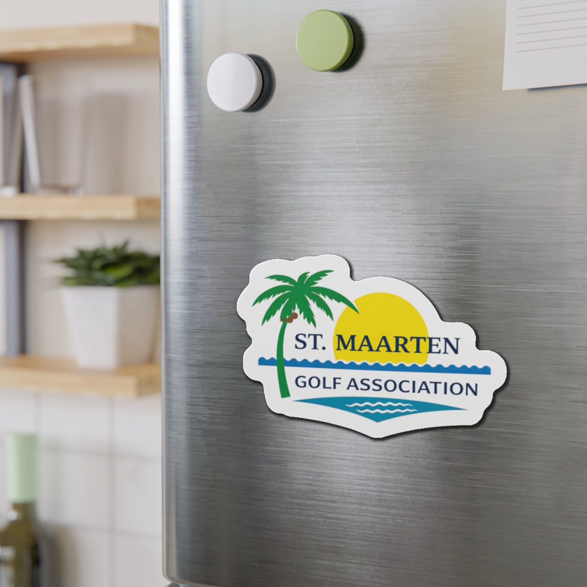 St. Maarten Golf Association Die-Cut Magnet — Tropical Palm & Sunset Logo Refrigerator Magnet