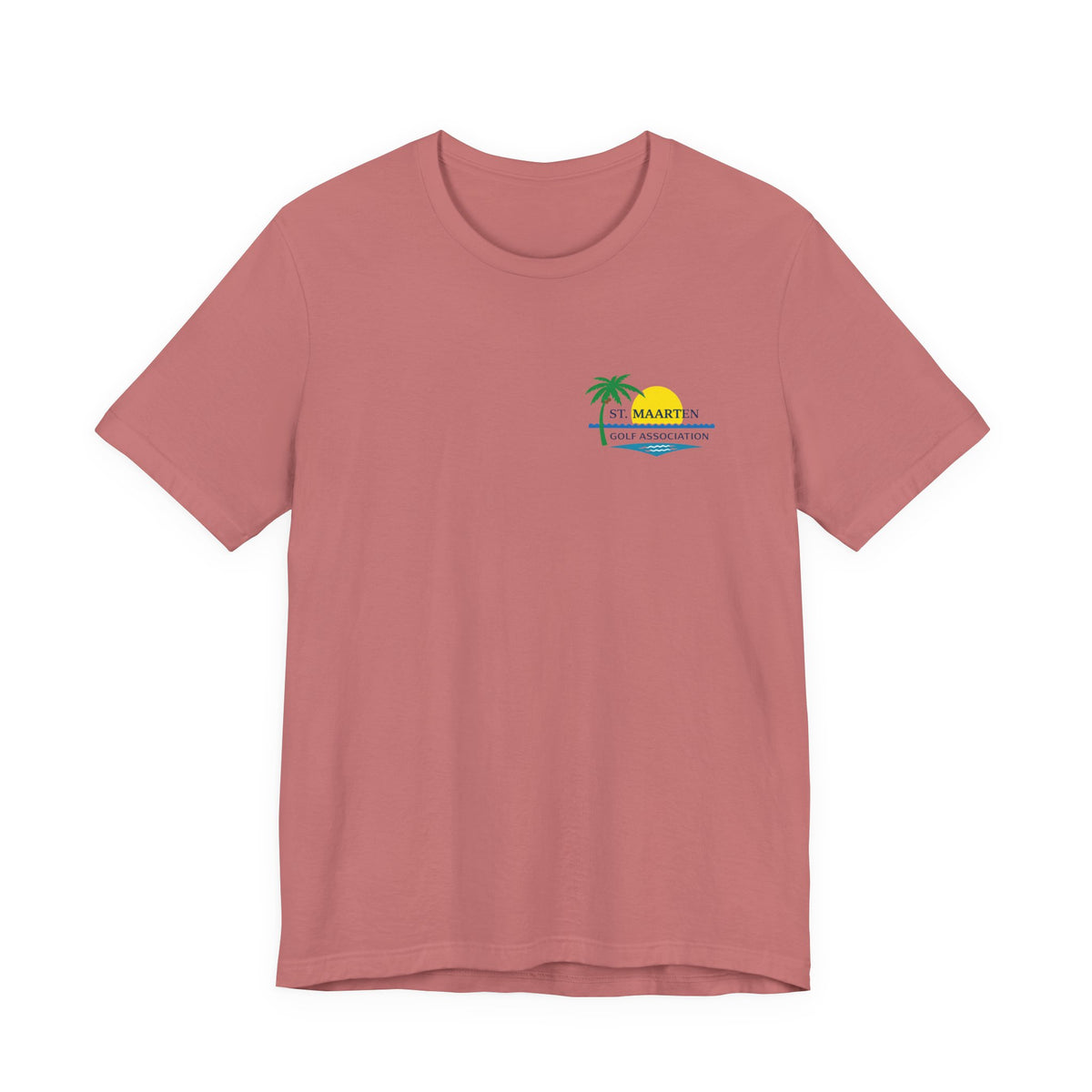 Official SMGA tropical golf T-shirt in maroon with left-chest logo