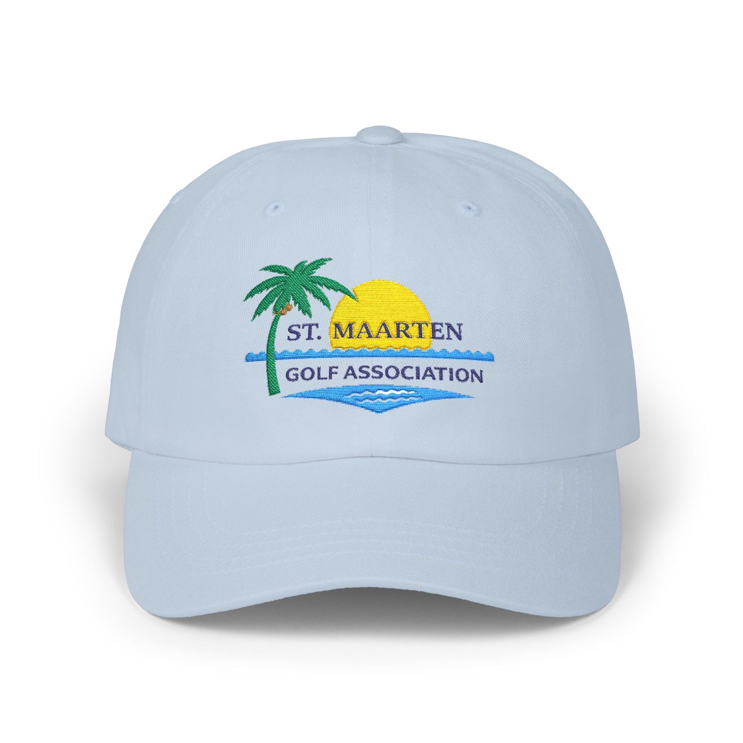 St. Maarten Golf Association Embroidered Dad Cap — Tropical Palm & Sunset Hat