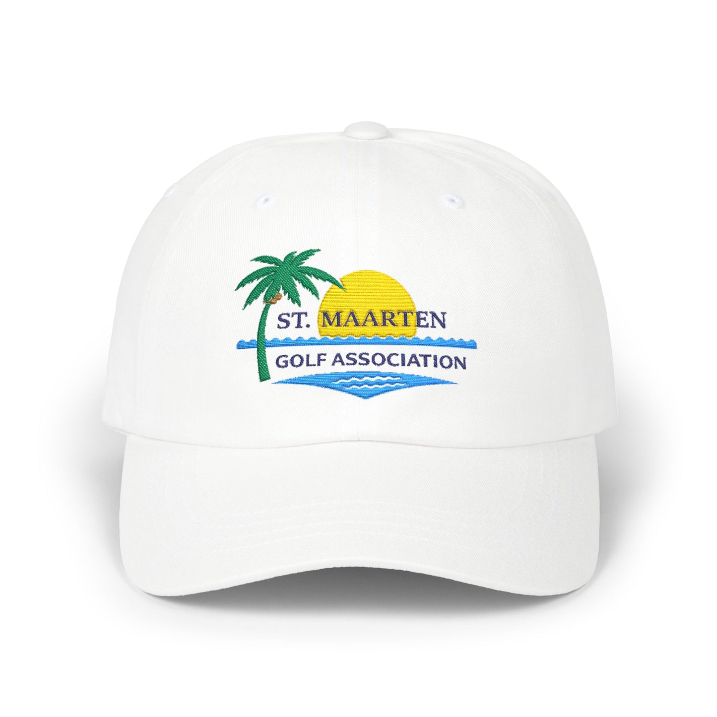 St. Maarten Golf Association Embroidered Dad Cap — Tropical Palm & Sunset Hat