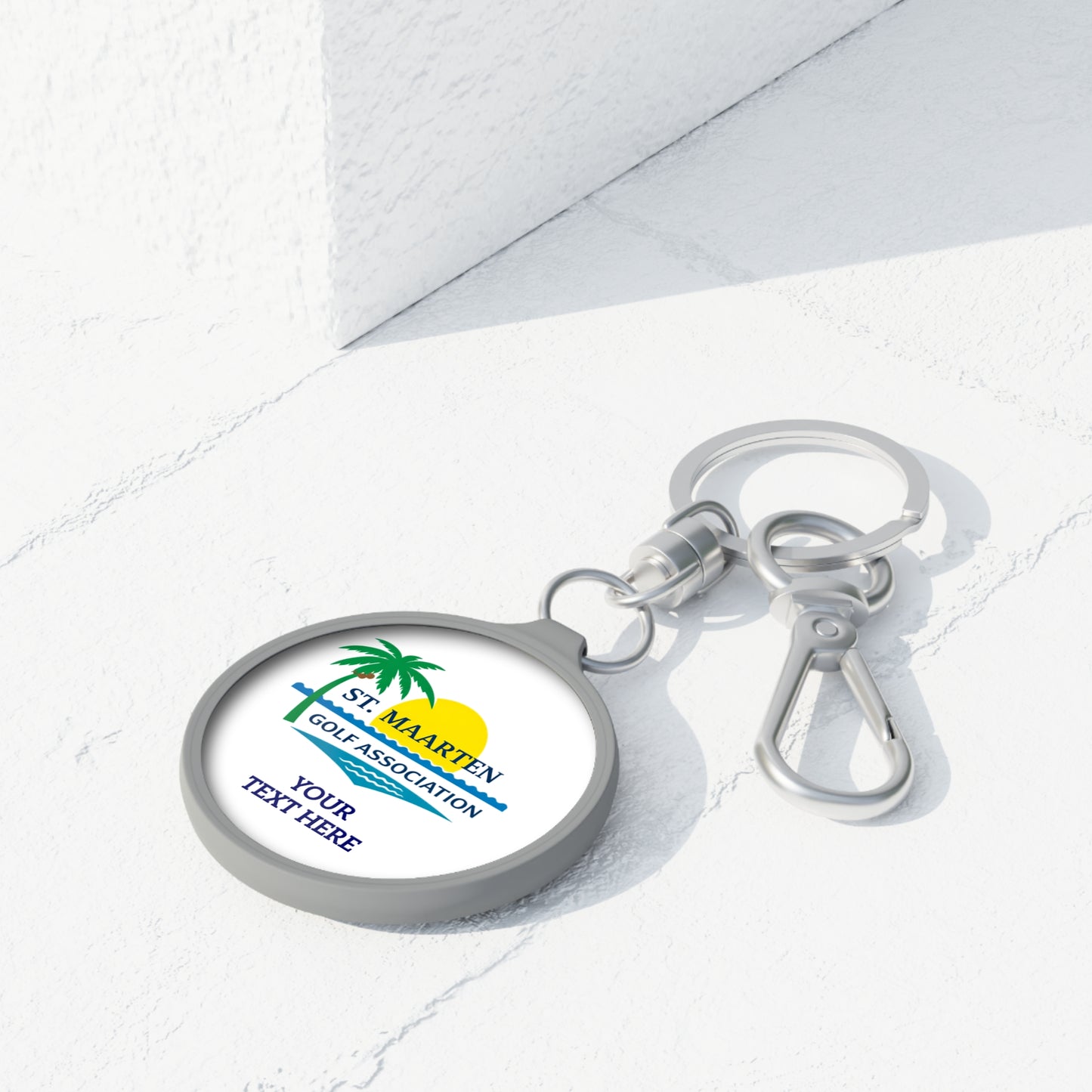 St. Maarten Golf Association Keyring Tag — Tropical Palm & Sunset Keychain