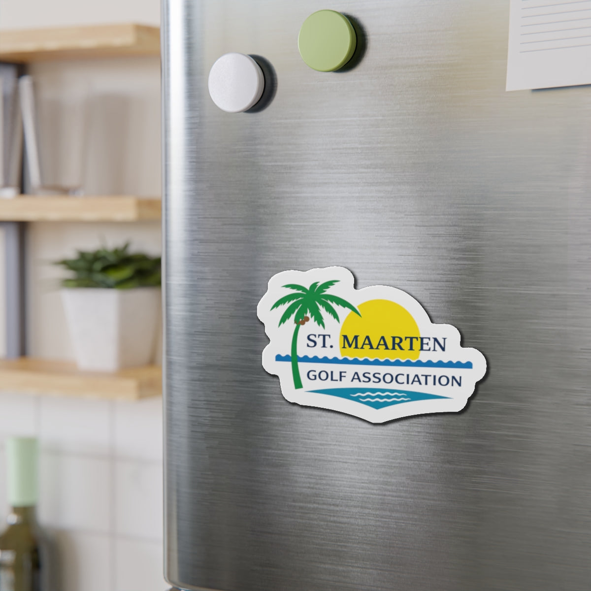 St. Maarten Golf Association Die-Cut Magnet — Tropical Palm & Sunset Logo Refrigerator Magnet
