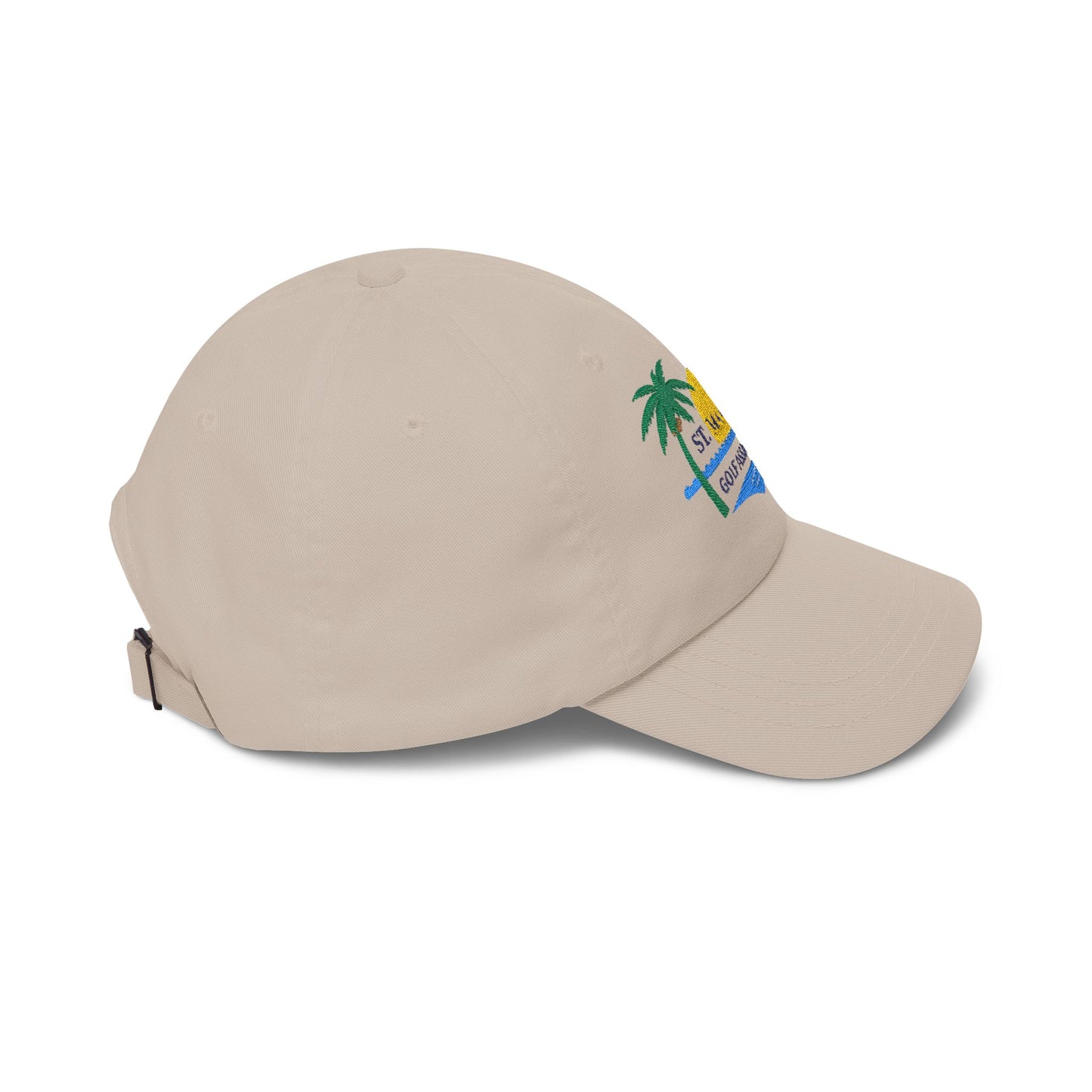 St. Maarten Golf Association Embroidered Dad Cap — Tropical Palm & Sunset Hat