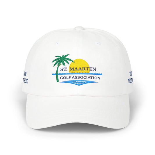 St. Maarten Golf Association Dad Cap — Tropical Palm & Sunset Embroidered Hat