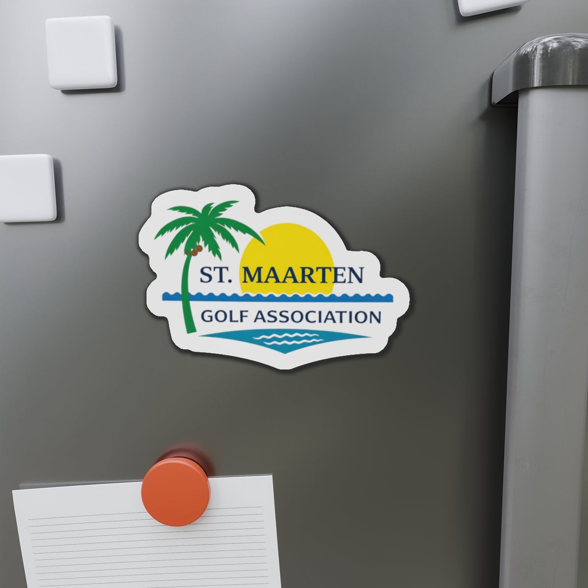 St. Maarten Golf Association Die-Cut Magnet — Tropical Palm & Sunset Logo Refrigerator Magnet