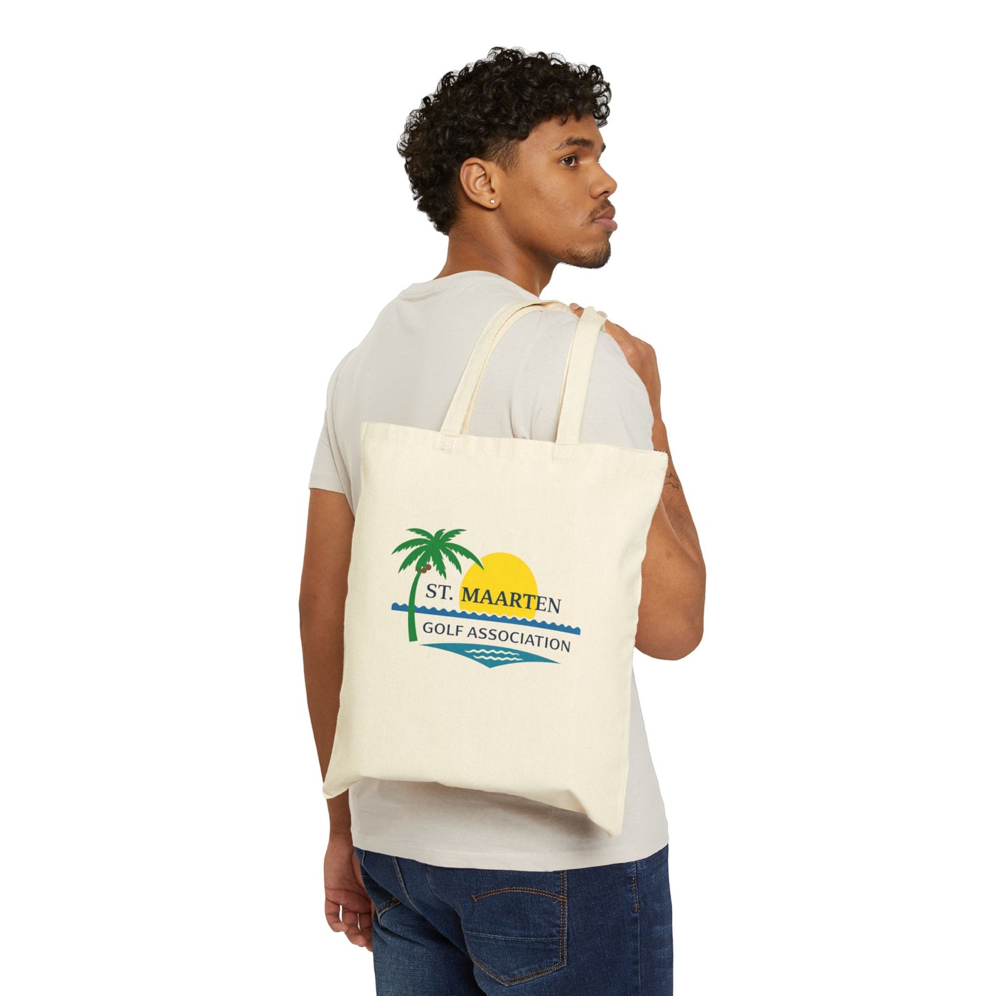 St. Maarten Golf Association Canvas Tote Bag — Tropical Palm & Sunset Reusable Shopper